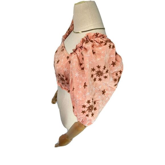 Zara XS Womens Embroidered Cropped Top  Puff Sleeve Floral Coral Peach  - Picture 6 of 15